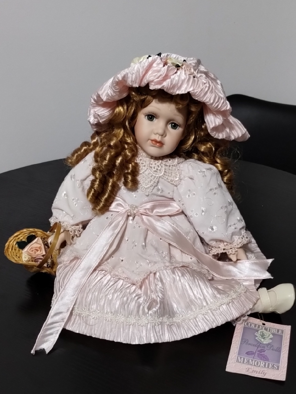 Porcelain Collectible Doll in Light Pink Dress and Bonnet